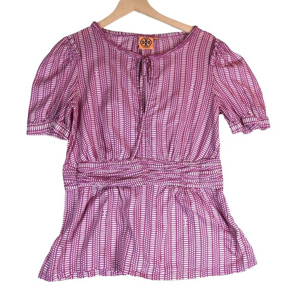 Tory Burch Pink Geometric Peplum Top Size 10 Boho Puff Sleeve 100% Cotton Design - Picture 1 of 8